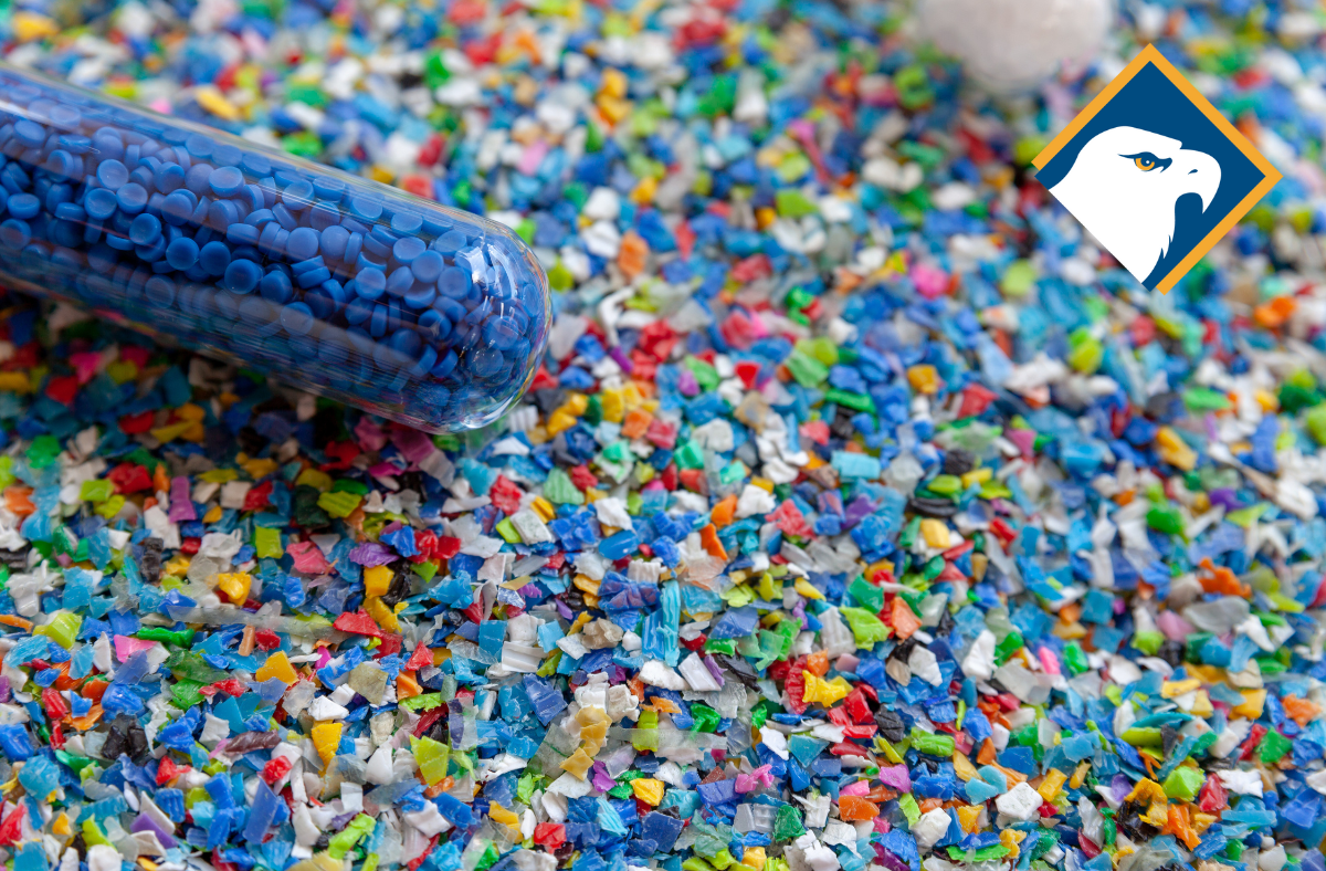 A vial of blue virgin plastic pellets next to a colourful assortment of washed and chopped plastic flakes. harvesting containers with lids, harvesting containers near me, harvesting containers for sale, harvesting containers, agricultural harvest bins, harvesting containers for sale near me, farm storage containers, used harvest bins for sale, Containers, Bins, Lugs, Totes & Drums for Agriculture Harvest Containers for Fruits and Vegetables, produce lugs